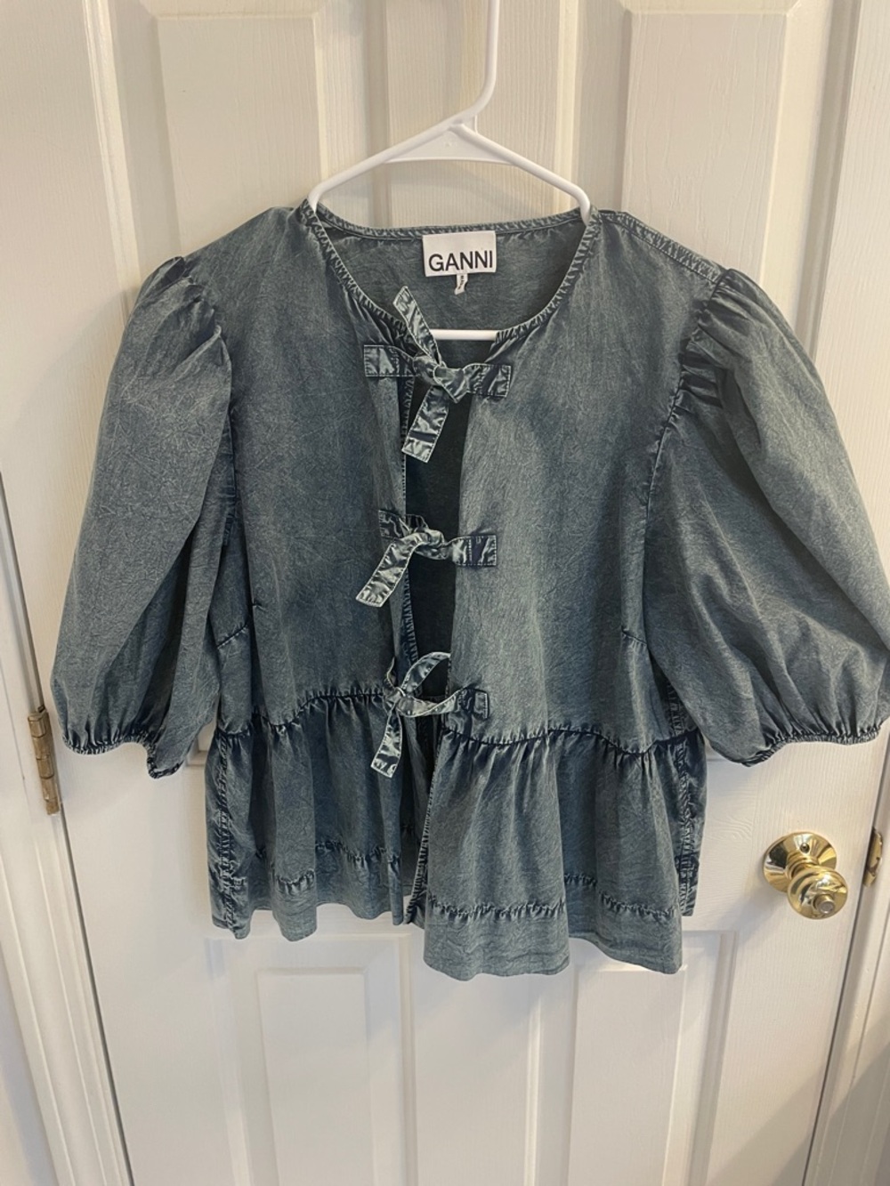 Ganni Washed Blue Denim Tie-Front Peplum Cotton Tunic